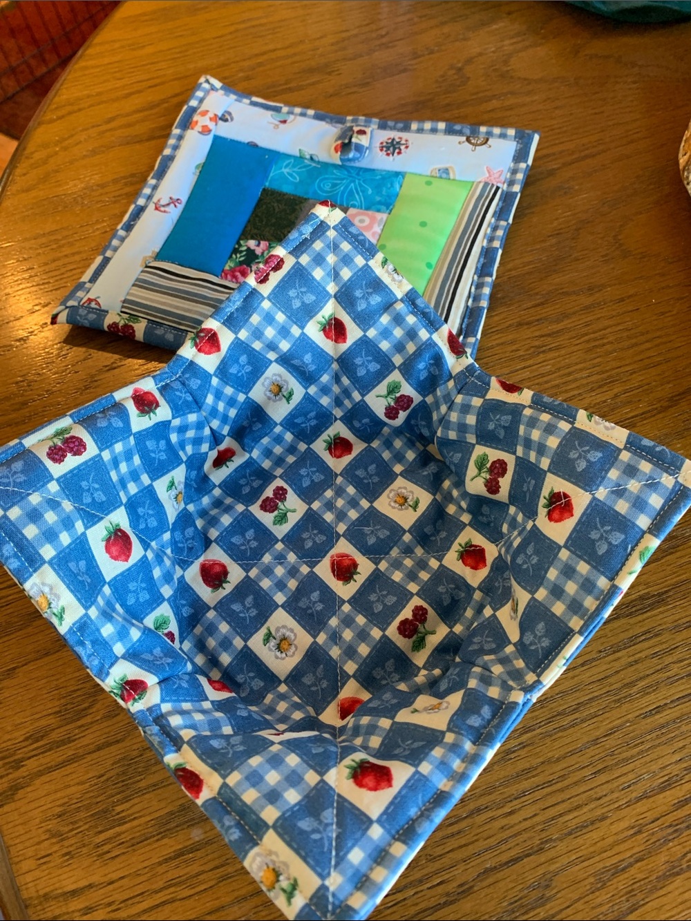 Blue Gingham Fruit Print Quilted Pot Holders and Bowl Cozy